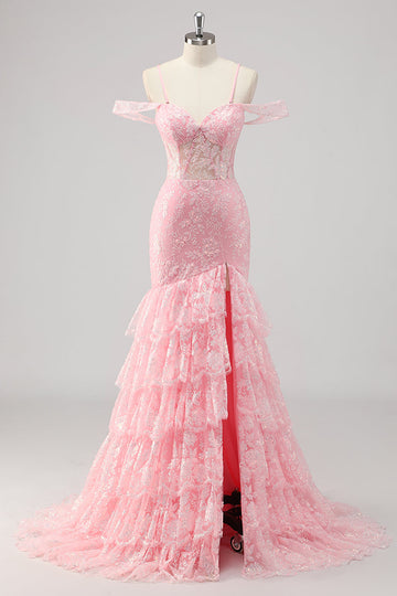 Corset Mermaid Cold Shoulder Appliqued Pink Prom Dress